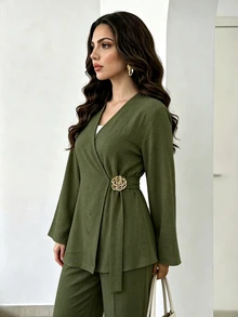 Celisse Monochromatic Set Minimalist Elegant, Gentle High-End Daily Outfit With Elegant, Minimalist Metal Decorative Buckle - Olive Green - View 5