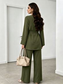 Celisse Monochromatic Set Minimalist Elegant, Gentle High-End Daily Outfit With Elegant, Minimalist Metal Decorative Buckle - Olive Green - View 2