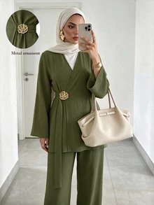 Celisse Monochromatic Set Minimalist Elegant, Gentle High-End Daily Outfit With Elegant, Minimalist Metal Decorative Buckle - Olive Green - View 6