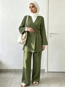 Celisse Monochromatic Set Minimalist Elegant, Gentle High-End Daily Outfit With Elegant, Minimalist Metal Decorative Buckle - Olive Green - View 7