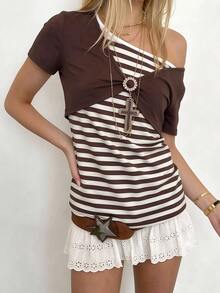 Sundraya Women's 2000s Slim Fit Retro Color Block Striped Dark Brown Brown Striped Y2K 2 In 1 Short-Sleeve T-Shirt, Chocolate Hues Bookish Charm Casual - Multicolor - View 1