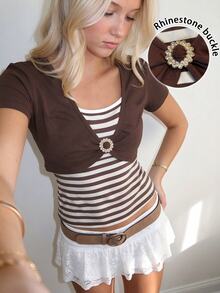 Sundraya Women's 2000s Slim Fit Retro Color Block Striped Dark Brown Brown Striped Y2K 2 In 1 Short-Sleeve T-Shirt, Chocolate Hues Bookish Charm Casual - Multicolor - View 3