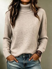 SHEIN Women's Elegant Daily High Neck Dropped Shoulder Long Sleeve Sweater - Khaki - View 9