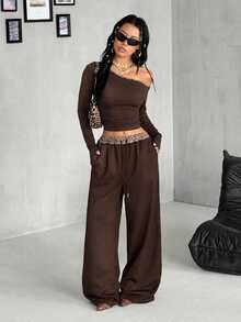 Coolane Women's Fall Streetwear Daily Wear Sport Basic Knit Stretchy Graphics Leopard Contrast Piping Black Asymmetrical Neck Long Sleeve Tops And Pants 2pcs - Brown - View 4