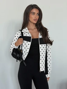 SHEIN Glamour Women's Black Polka Dot Colorblock Jacket, Fashionable Item, Essential For Outfits - Black and White - View 4