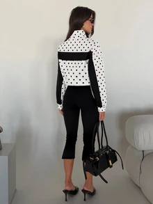 SHEIN Glamour Women's Black Polka Dot Colorblock Jacket, Fashionable Item, Essential For Outfits - Black and White - View 7