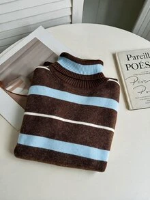 Ellevyn Striped High Neck Thermal Lined Long Sleeve T-Shirt, Striped Sweater With A Fleece-Lined Interior - Coffee Brown - View 6
