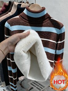 Ellevyn Striped High Neck Thermal Lined Long Sleeve T-Shirt, Striped Sweater With A Fleece-Lined Interior - Coffee Brown - View 7