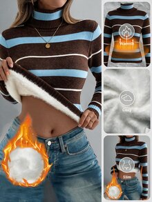 Ellevyn Striped High Neck Thermal Lined Long Sleeve T-Shirt, Striped Sweater With A Fleece-Lined Interior - Coffee Brown - View 1