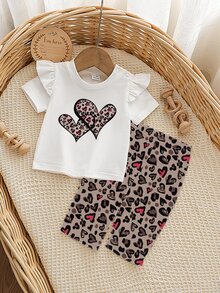 SHEIN Newborn Girl Leopard Print Round Neck Short Sleeve T-Shirt Summer Tops Pants Two Pieces Set Outfits - Brown - View 2