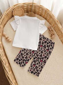 SHEIN Newborn Girl Leopard Print Round Neck Short Sleeve T-Shirt Summer Tops Pants Two Pieces Set Outfits - Brown - View 3