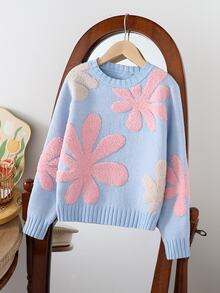 SHEIN Tween Girls Casual Cute Fairy Loose Floral Print Pullover Sweater, 3D Flower Design, For Autumn Farewell Blue Floral - Baby Blue - View 8