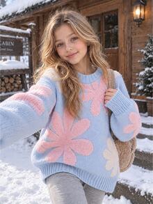 SHEIN Tween Girls Casual Cute Fairy Loose Floral Print Pullover Sweater, 3D Flower Design, For Autumn Farewell Blue Floral - Baby Blue - View 2