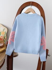 SHEIN Tween Girls Casual Cute Fairy Loose Floral Print Pullover Sweater, 3D Flower Design, For Autumn Farewell Blue Floral - Baby Blue - View 3