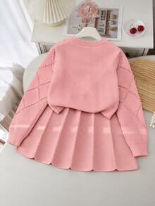 SHEIN Tween Girl 2 Pieces Knit Set, Cute 3D Bow Sweater With Pleated Skirt, Adorable & Elegant, Winter - Pink - View 2