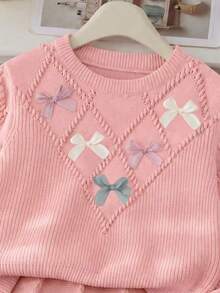 SHEIN Tween Girl 2 Pieces Knit Set, Cute 3D Bow Sweater With Pleated Skirt, Adorable & Elegant, Winter - Pink - View 7