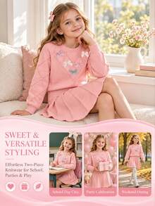 SHEIN Tween Girl 2 Pieces Knit Set, Cute 3D Bow Sweater With Pleated Skirt, Adorable & Elegant, Winter - Pink - View 8