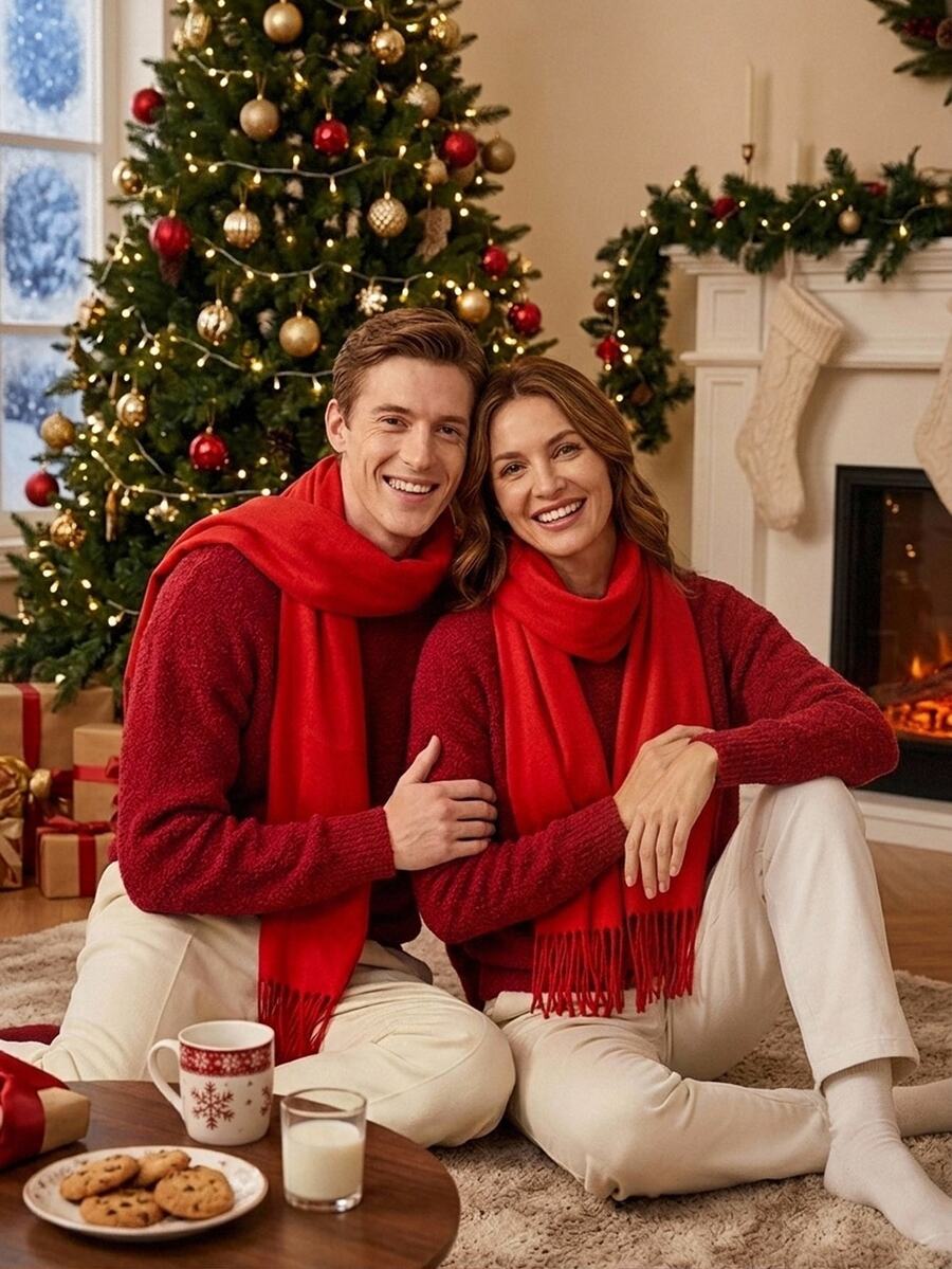 Manfinity Hypemode Christmas Men's Solid Color Casual Versatile Daily Wear Long Sleeve Sweater, Warm Family Atmosphere Parent-Child Couple, Old Money - Red - View 1