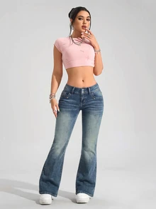 SHEIN Tall بنطلون جينز بأسلوب الشارع فتاة ساخنة خصر منخفض جرس مع جيوب مرقعة - أزرق داكن - مشاهدة 4