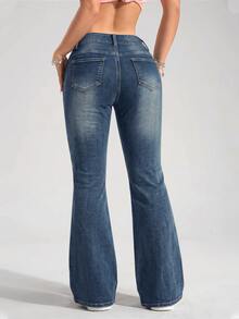 SHEIN Tall بنطلون جينز بأسلوب الشارع فتاة ساخنة خصر منخفض جرس مع جيوب مرقعة - أزرق داكن - مشاهدة 2