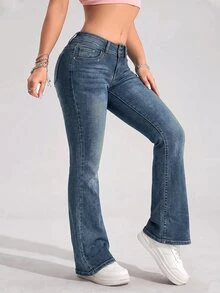 SHEIN Tall بنطلون جينز بأسلوب الشارع فتاة ساخنة خصر منخفض جرس مع جيوب مرقعة - أزرق داكن - مشاهدة 6
