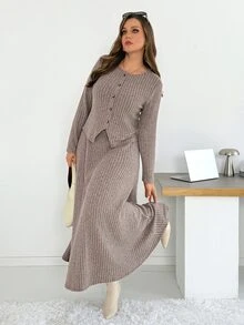Shapeblank Women's Plus-Size 2 Pieces Set Long-Sleeve Top Long Skirt Apricot Casual Comfortable Warm Brushed-Fabric Outfit Autumn/Winter Office Brunch Dress Sets - Khaki - View 6