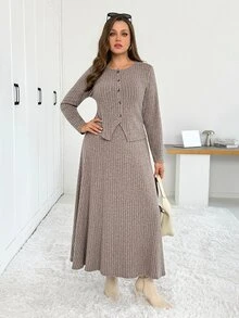 Shapeblank Women's Plus-Size 2 Pieces Set Long-Sleeve Top Long Skirt Apricot Casual Comfortable Warm Brushed-Fabric Outfit Autumn/Winter Office Brunch Dress Sets - Khaki - View 2