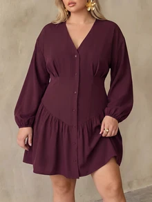 Auralis Fall V-Neck Purple-Red Plus Size Cinched Waist Shirt-Style A-Line Flared Mini Dress Button-Decorated Retro Casual Elegant Date Night Going Out Dress - Red Violet - View 7