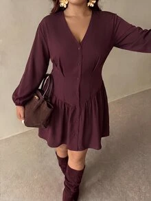 Auralis Fall V-Neck Purple-Red Plus Size Cinched Waist Shirt-Style A-Line Flared Mini Dress Button-Decorated Retro Casual Elegant Date Night Going Out Dress - Red Violet - View 1