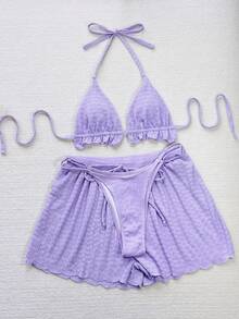 SHEIN Swim 女士夏季沙滩纯色荷叶边挂脖简约时尚比基尼套装，含短裤，三件套泳装 - 紫色 - 查看 6