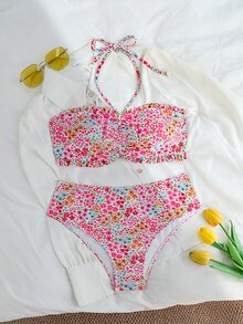 SHEIN Swim 女士海滩夏季度假可爱露肩荷叶边碎花比基尼套装搭配精致珍珠吊坠抽绳比基尼套装 - 彩色 - 查看 5