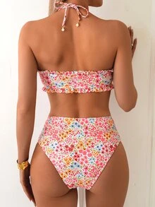 SHEIN Swim 女士海滩夏季度假可爱露肩荷叶边碎花比基尼套装搭配精致珍珠吊坠抽绳比基尼套装 - 彩色 - 查看 4