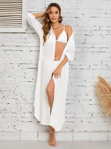 SHEIN Swim 素色前紐扣和服罩衫 - 白色 - 查看 6