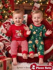 SHEIN Young Boy Santa Claus Pattern Knit Soft Crew Neck Long Sleeve Pullover Top & Elastic Waist Slim Fit Pajama Pants 2 Pieces Set - Green - View 4