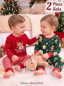 SHEIN Young Boy Santa Claus Pattern Knit Soft Crew Neck Long Sleeve Pullover Top & Elastic Waist Slim Fit Pajama Pants 2 Pieces Set - Green - View 3