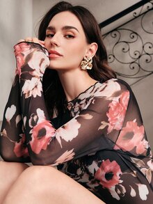 Anewsta Women's Elegant Floral Print Long Sleeve Top - Black - View 1