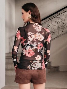 Anewsta Women's Elegant Floral Print Long Sleeve Top - Black - View 7