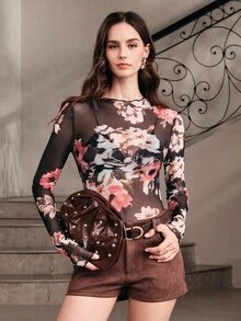 Anewsta Women's Elegant Floral Print Long Sleeve Top - Black - View 3