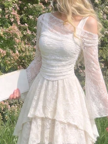 Skyraze White Open Shoulder Lace 2-In-1 Flared Sleeve Long Sleeve Women's Top, Autumn, Festival, Party Tea Party, Beach, Wedding, Romantic - White - View 5
