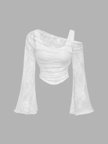 Skyraze White Open Shoulder Lace 2-In-1 Flared Sleeve Long Sleeve Women's Top, Autumn, Festival, Party Tea Party, Beach, Wedding, Romantic - White - View 6