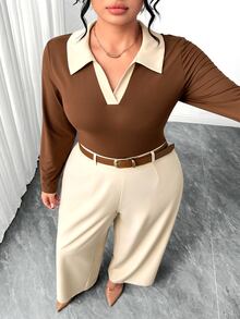 Elenzga Plus Size Brown & White Colorblock Commuter 2 Pieces Set, Contrast Polo Collar Half-Open V-Neck Fitted Long Sleeve T-Shirt Paired With Beige High-Waist Draped Wide Leg Pants, Minimalist Sophisticated Style, Suitable For Spring/Autumn Work, Afternoon Tea, Short Trips, Flattering For Plus Size Figures, Complete Outfit - Brown - View 1