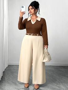 Elenzga Plus Size Brown & White Colorblock Commuter 2 Pieces Set, Contrast Polo Collar Half-Open V-Neck Fitted Long Sleeve T-Shirt Paired With Beige High-Waist Draped Wide Leg Pants, Minimalist Sophisticated Style, Suitable For Spring/Autumn Work, Afternoon Tea, Short Trips, Flattering For Plus Size Figures, Complete Outfit - Brown - View 5