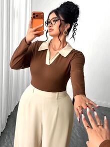 Elenzga Plus Size Brown & White Colorblock Commuter 2 Pieces Set, Contrast Polo Collar Half-Open V-Neck Fitted Long Sleeve T-Shirt Paired With Beige High-Waist Draped Wide Leg Pants, Minimalist Sophisticated Style, Suitable For Spring/Autumn Work, Afternoon Tea, Short Trips, Flattering For Plus Size Figures, Complete Outfit - Brown - View 7