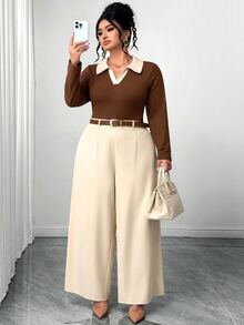 Elenzga Plus Size Brown & White Colorblock Commuter 2 Pieces Set, Contrast Polo Collar Half-Open V-Neck Fitted Long Sleeve T-Shirt Paired With Beige High-Waist Draped Wide Leg Pants, Minimalist Sophisticated Style, Suitable For Spring/Autumn Work, Afternoon Tea, Short Trips, Flattering For Plus Size Figures, Complete Outfit - Brown - View 6
