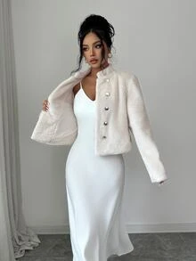 Elenzga Autumn/Winter New Beige Stand Collar Double-Breasted Embossed Button Faux Fur Short Jacket Women Soft Plush Top - Apricot - View 4