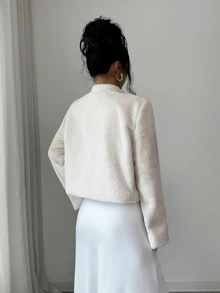 Elenzga Autumn/Winter New Beige Stand Collar Double-Breasted Embossed Button Faux Fur Short Jacket Women Soft Plush Top - Apricot - View 2