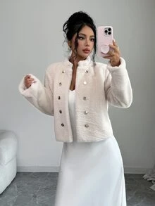 Elenzga Autumn/Winter New Beige Stand Collar Double-Breasted Embossed Button Faux Fur Short Jacket Women Soft Plush Top - Apricot - View 5