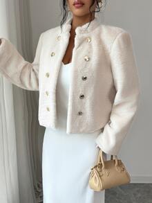 Elenzga Autumn/Winter New Beige Stand Collar Double-Breasted Embossed Button Faux Fur Short Jacket Women Soft Plush Top - Apricot - View 1