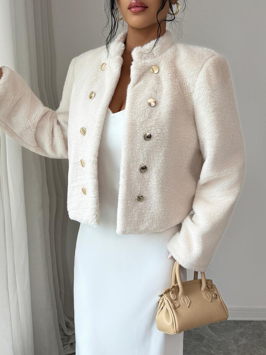 Elenzga Autumn/Winter New Beige Stand Collar Double-Breasted Embossed Button Faux Fur Short Jacket Women Soft Plush Top - Apricot - View 1