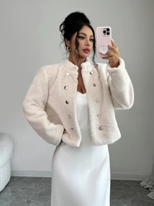 Elenzga Autumn/Winter New Beige Stand Collar Double-Breasted Embossed Button Faux Fur Short Jacket Women Soft Plush Top - Apricot - View 3